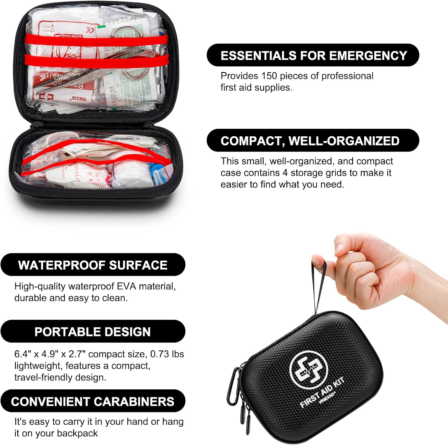 Mini First Aid Kit - 150 Piece Small Waterproof EVA Hard Shell Case | Compact First Aid Kit with Comprehensive Supplies for Home, Car, Travel, Camping, Truck, Hiking, Sports, Office, Outdoor(Red) - Image 4