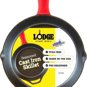 Lodge Pre-Seasoned Cast Iron Skillet with Silicone Handle Holder, 12 Inches | Non-Toxic & Naturally Non-Stick Frying Pan with Silicone Hot Handle Holder, Pan is Safe for Oven & Stovetop Use