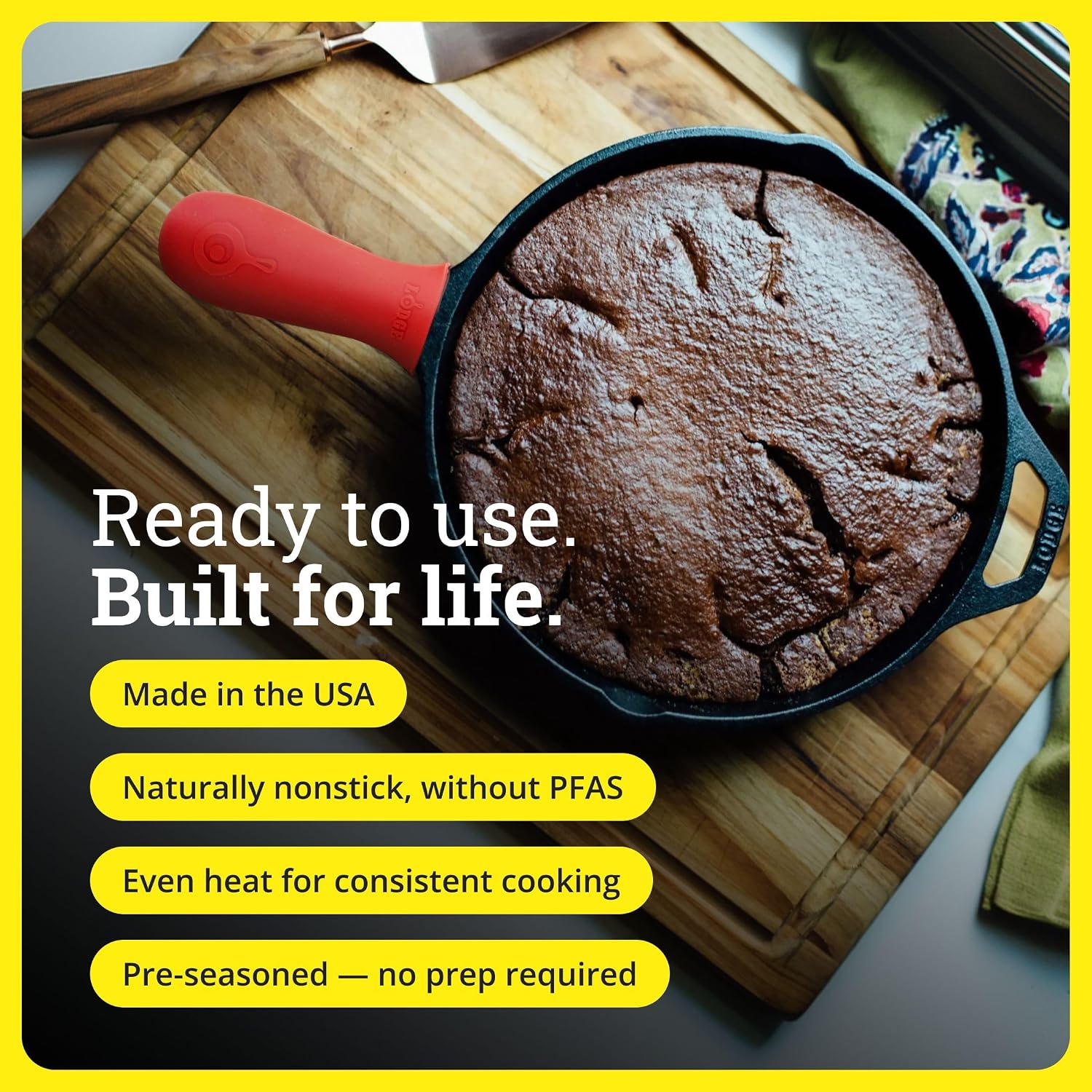 Lodge Pre-Seasoned Cast Iron Skillet with Silicone Handle Holder, 12 Inches | Non-Toxic & Naturally Non-Stick Frying Pan with Silicone Hot Handle Holder, Pan is Safe for Oven & Stovetop Use - Image 4