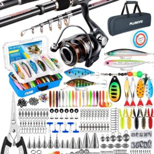 PLUSINNO Fishing Rod and Reel Combo Pole Gear Kit Telescopic Beginner | Portable All-in-One Fishing Equipment, with Freshwater Bass Trout Lures Kit, with Carrying Case, Gifts for Men