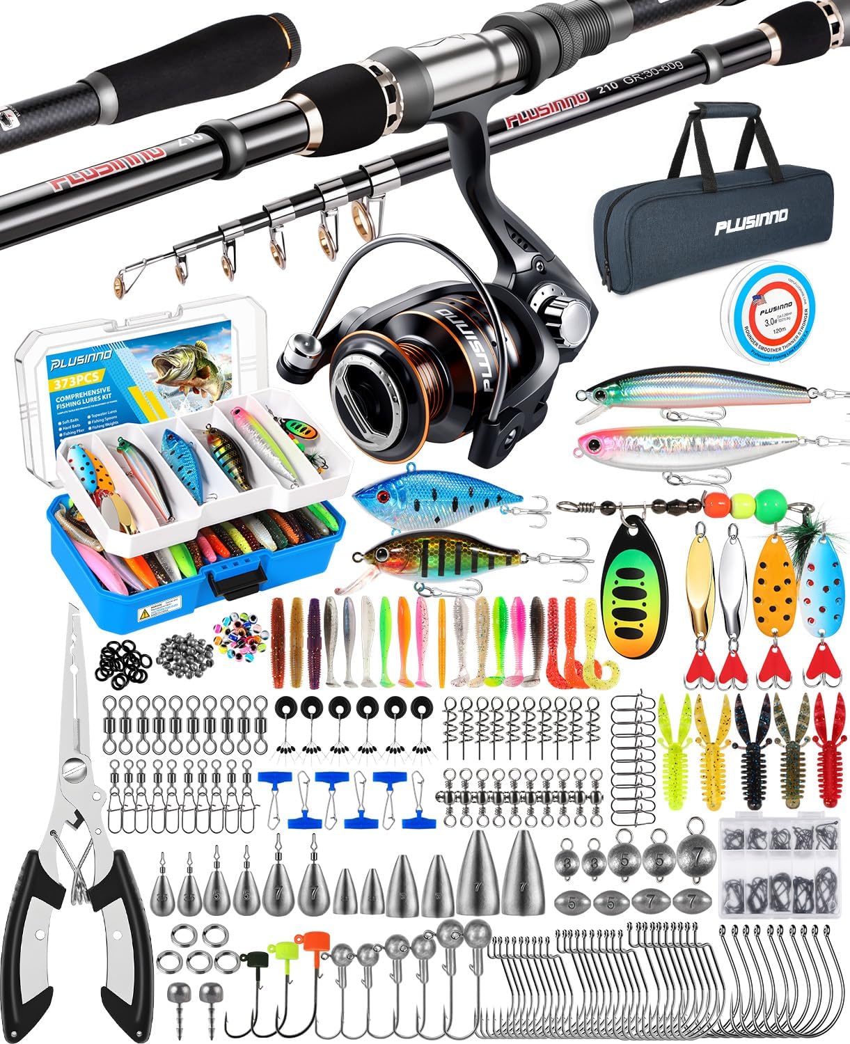 PLUSINNO Fishing Rod and Reel Combo Pole Gear Kit Telescopic Beginner | Portable All-in-One Fishing Equipment, with Freshwater Bass Trout Lures Kit, with Carrying Case, Gifts for Men