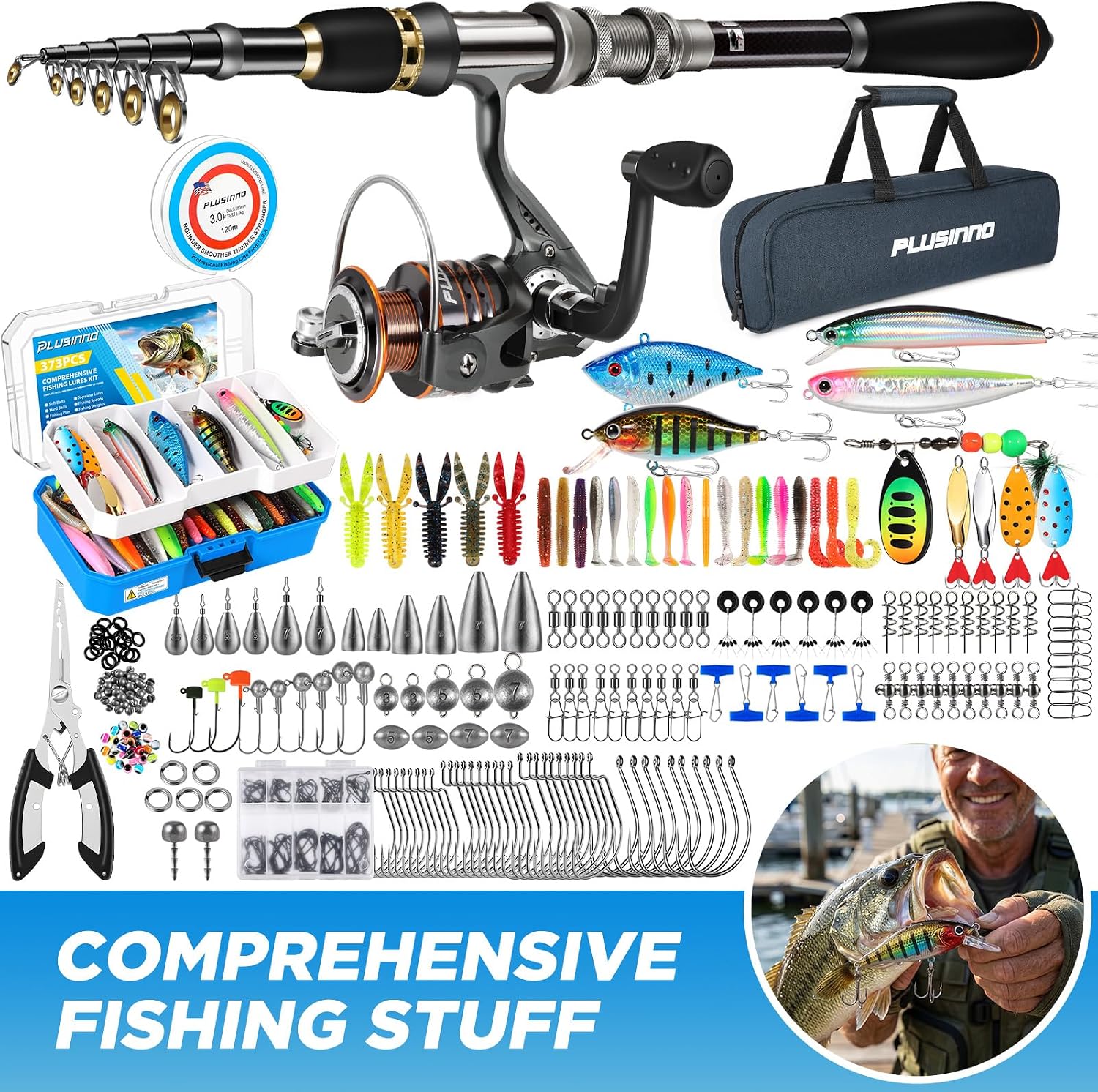 PLUSINNO Fishing Rod and Reel Combo Pole Gear Kit Telescopic Beginner | Portable All-in-One Fishing Equipment, with Freshwater Bass Trout Lures Kit, with Carrying Case, Gifts for Men - Image 6